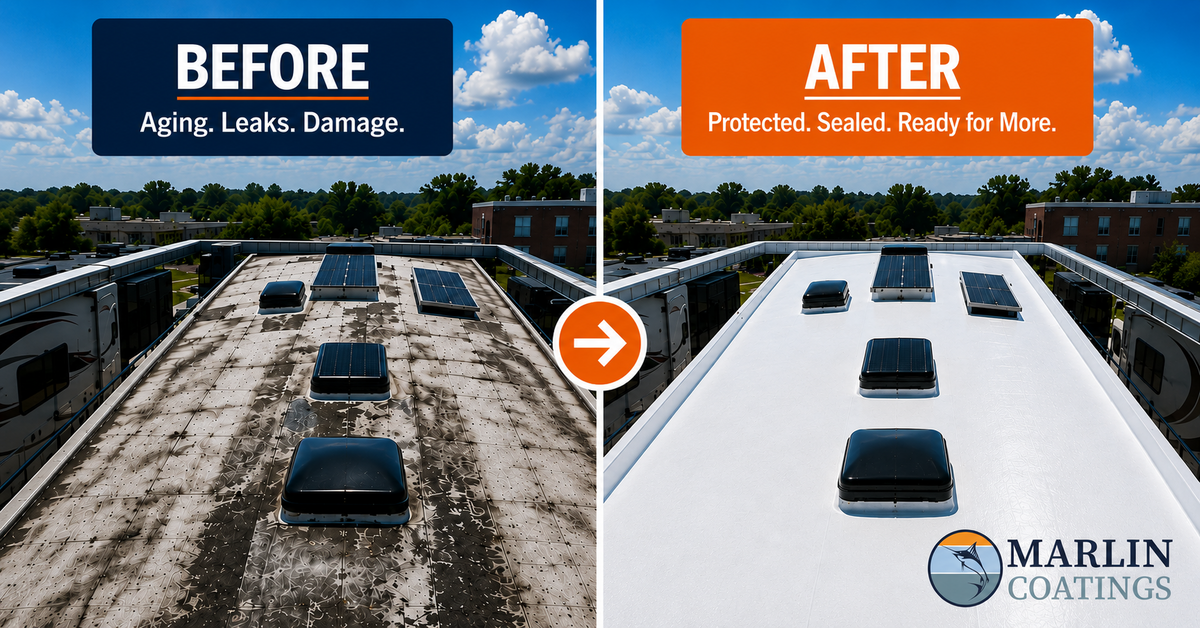 Before and after view of an RV roof restored with a white coating